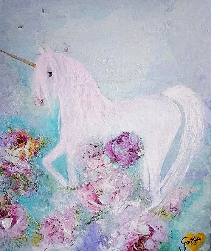 Seelenlichtbild mit weißem Einhorn und Blumen